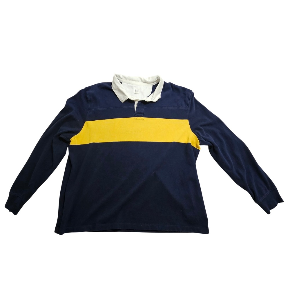 Gap Rugby Shirt Mens XXL Navy Yellow Striped Long Sleeve Elbow Patches 920884-00